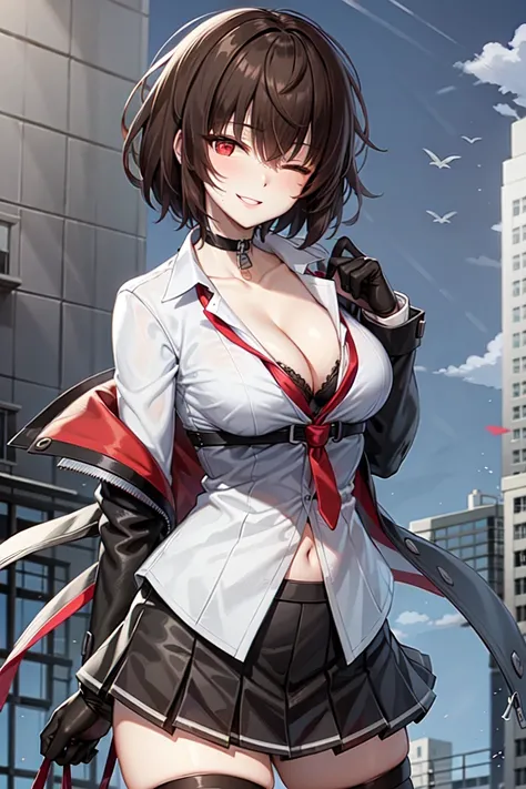 best quality, masterpiece, 1girl, solo, skirt, choker, solo, breasts, pleated skirt, one eye closed, red eyes, short hair, brown hair, cleavage, jacket, fur trim, gloves, shirt, sky, black skirt, bra, black gloves, necktie, medium breasts, thighhighs, parted lips, black choker, smile, blue sky, cowboy shot, bangs, wind, looking at viewer, outdoors, ruins, broken city, <lora:Jushiyoung:0.4>