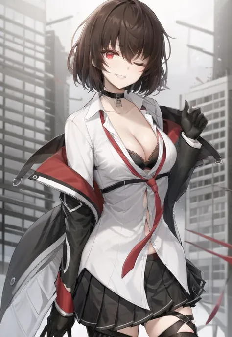 best quality, masterpiece, 1girl, solo, skirt, choker, solo, breasts, pleated skirt, one eye closed, red eyes, short hair, brown hair, cleavage, jacket, fur trim, gloves, shirt, sky, black skirt, bra, black gloves, necktie, medium breasts, thighhighs, parted lips, black choker, smile, blue sky, cowboy shot, bangs, wind, looking at viewer, outdoors, ruins, broken city,  <lora:jooShiyoungCounter_jooshiyoung:0.7>
