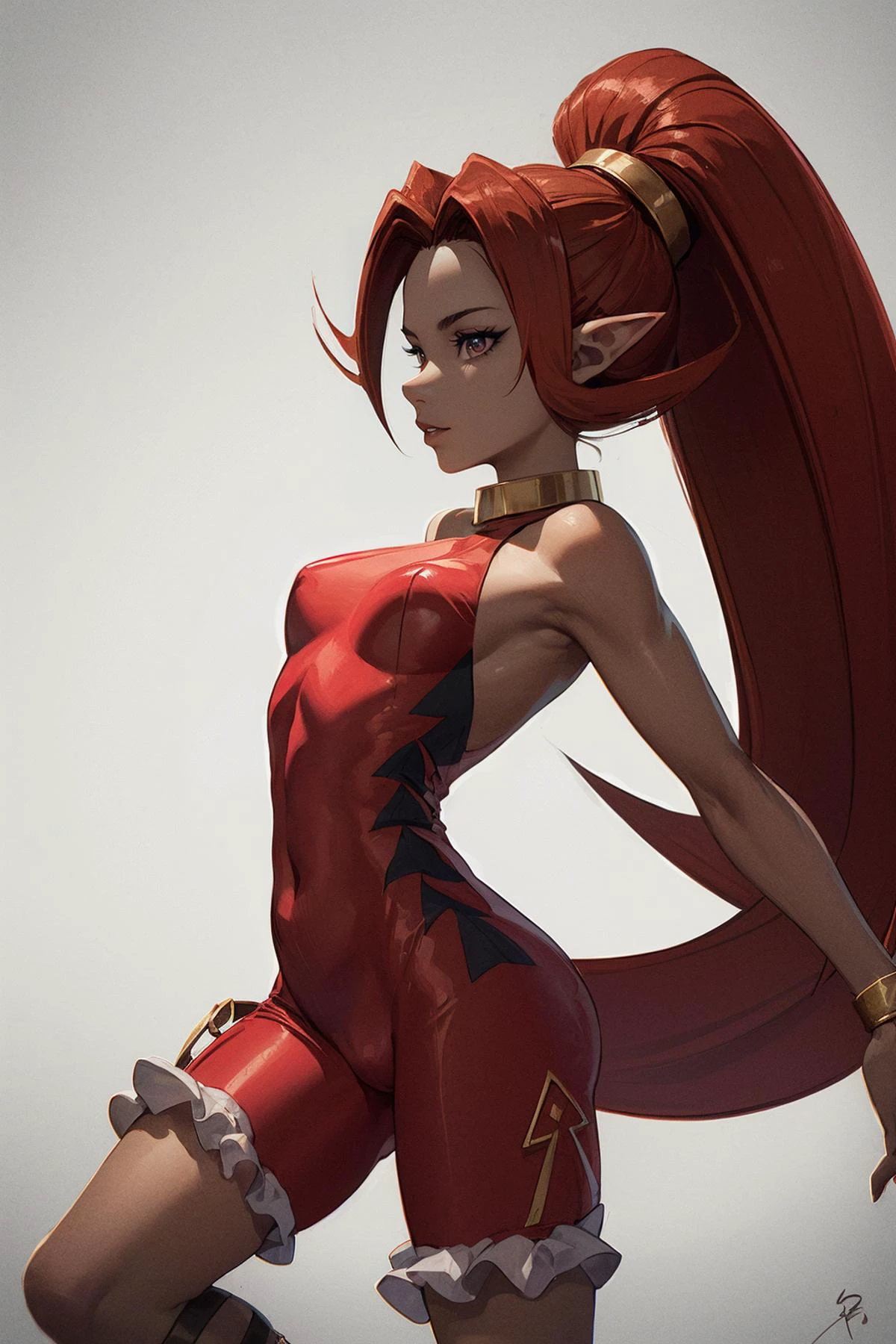 RAW photo, 8k uhd,soft lighting, high quality, film grain, cinematic film still, Din_Zelda, dark skin, red unitard,<lora:Din_Zelda_Anime:0.8>, Ink Drawing