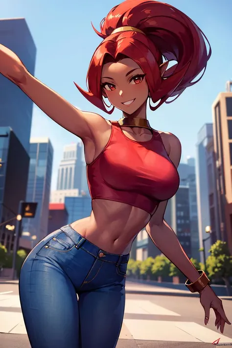 ((masterpiece,best quality)), absurdres, <lora:Din_Zelda:0.7>, Din_Zelda, solo, dark skin, red hair, (red croptop), demin jeans, smiling, looking at viewer, cowboy shot, modern city, cinematic composition, dynamic pose