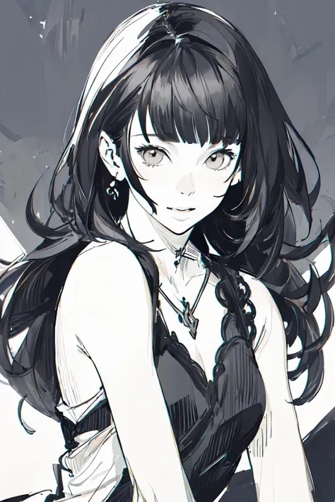masterpiece, best quality, high contrast, professional photography, soft light, sharp focus, 1girl, solo, perfect lighting, black hair, blunt bangs, long hair, straight hair, wearing summer dress, simple background, happy, pencil sketch, <lora:Pencil_Sketch:1.0>, black and white colors, monochrome, fast sketch art