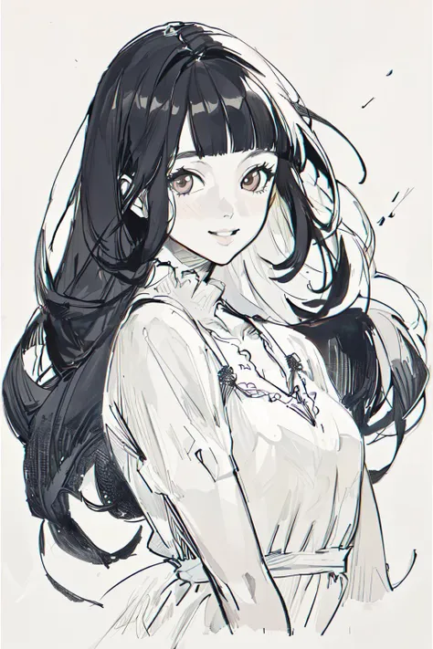 masterpiece, best quality, high contrast, professional photography, soft light, sharp focus, 1girl, solo, perfect lighting, black hair, blunt bangs, long hair, straight hair, wearing summer dress, simple background, happy, pencil sketch, <lora:Pencil_Sketch:1.0>, black and white colors, monochrome, fast sketch art