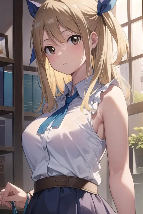 lucyheartfilia, <lora:lucyheartfilia:1>, lucy heartfilia, blonde hair, blue ribbon, (brown eyes:1.5), hair behind ear, hair ribbon, ribbon, short sidetail,
BREAK belt, blue skirt, brown belt, collarbone, collared shirt, shirt, skirt, sleeveless, sleeveless shirt, white shirt,
BREAK outdoors, city,
BREAK looking at viewer,
BREAK <lora:GoodHands-vanilla:1>, (masterpiece:1.2), best quality, high resolution, unity 8k wallpaper, (illustration:0.8), (beautiful detailed eyes:1.6), extremely detailed face, perfect lighting, extremely detailed CG, (perfect hands, perfect anatomy),