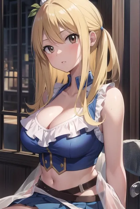 lucyheartfilia, <lora:lucyheartfilia:1>, lucy heartfilia, blonde hair, (brown eyes:1.5), long hair, one side up,
BREAK blue skirt, cleavage, pleated skirt, skirt, sleeveless,
BREAK outdoors, city,
BREAK looking at viewer,
BREAK <lora:GoodHands-vanilla:1>, (masterpiece:1.2), best quality, high resolution, unity 8k wallpaper, (illustration:0.8), (beautiful detailed eyes:1.6), extremely detailed face, perfect lighting, extremely detailed CG, (perfect hands, perfect anatomy),