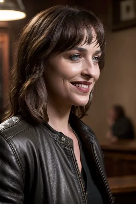 <lora:dakota:1> a woman taking a drink in a bar, smiling, wearing leather jacket, (8k uhd) RAW proffesional photograph, photo, masterpiece, realistic, realism, photorealism, high contrast, photorealistic, digital art, trending on Artstation ,8k, HD, high definition ,detailed realistic, detailed, hyper detailed, best quality, ultra high res, (photorealistic:1.4), high resolution, detailed, raw photo, sharp , rich colors,hyper realistic, lifelike texture, dramatic lighting, unreal engine, trending on artstation