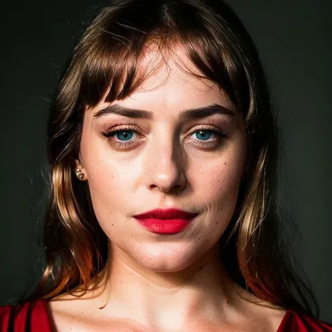 portrait proffesional photograph of blonde <lora:dakota:1> brunette woman wearing red dress in a (dark studio:1.2), face close up ,(realistic skin) (skin pores light details:1.2) (rim lighting:1.4) two tone lighting, sharp focus, teal hue, octane, unreal, dimly lit, low key, <lora:epiNoiseoffset_v2:1>