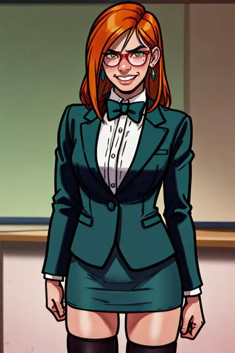XenTAI-pos,at distance,cowboy shot,posing,flirting,(playful gaze, smirking:1.1),1girl,classroom,green blazer,green pencil skirt,white shirt,earrings,thighhighs,<lora:Darcy1.0:0.7>,darcy,red-framed eyewear,yellow eyes,teeth,mole under eye,long hair,<lora:age_slider_v6:1>, dressed in formal wear. Black tie, tuxedo, evening gown, polished