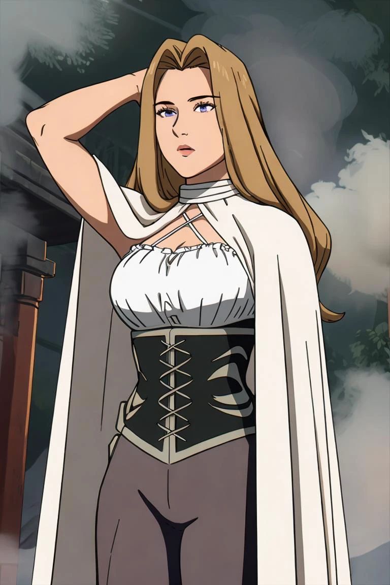 Methode,1girl, blonde hair, long hair, purple eyes, cape, white shirt,holter neck, corset, covered in fog, hands above head,
<lora:Methode001:0.7>