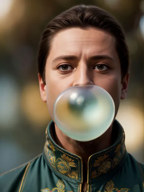 (80mm anamorphic lens flare:0,75), (artful bokeh depth of field:1.6), ((close up photorealistic portrait)), (men Vladimir Zelensky Ukrainian blow bubble gum. vyshyvanka outfit, walks proudly above the water surface:1.4), the mermaids with realistic hair, long braids), with delight face expressions looking at walking above the water surface in, (detailed professional photography:1.3), (dark shot:1.2),(cinematic scar on face:0.88), (realistic sweat skin:1.2), (tree on background:1.1), (bent in flowers scene:1.2), Ukrainian folklore composition, (sunflowers on background:0.81), (blue fur coat:0,88), (outfit yellow and blue color tone), (hdr:1.28), hyperdetailed, cinematic, accent warm light, cold background color tone, intricate details, hyperrealistic, (muted colors:1.38), (neutral colors:1.2), intricate, elegant, sharp focus, (Geof Darrow:1,2), soft lighting, vibrant colors, (high contrast), (masterpiece), (detailed face). <lora:Bubble Gum_v2.0:0.6>