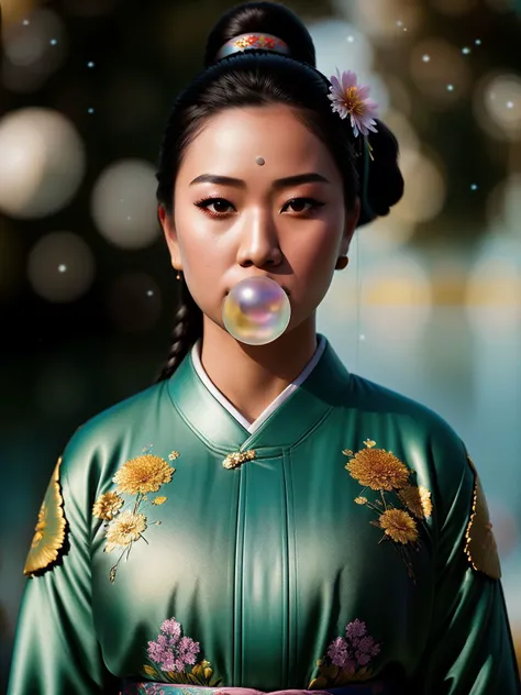 (80mm anamorphic lens flare:0,75), (artful bokeh depth of field:1.6), ((close up photorealistic portrait)), (person Japanese clothing outfit, walks proudly above the water surface:1.4), the mermaids with realistic hair, long braids), with delight face expressions looking at walking above the water surface in, (detailed professional photography:1.3), (dark shot:1.2),(cinematic scar on face:0.88), (realistic sweat skin:1.2), (tree on background:1.1), (bent in flowers scene:1.2), Asian Japan folklore composition, (sunflowers on background:0.81), (blue fur coat:0,88), (outfit yellow and blue color tone), (hdr:1.28), hyperdetailed, cinematic, accent warm light, cold background color tone, intricate details, hyperrealistic, (muted colors:1.38), (neutral colors:1.2), intricate, elegant, sharp focus, (Geof Darrow:1,2), soft lighting, vibrant colors, (high contrast), (masterpiece), (detailed face). blow bubble gum <lora:Bubble Gum_v2.0:0.7>