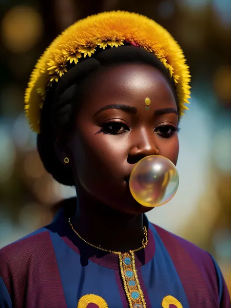 (80mm anamorphic lens flare:0,75), (artful bokeh depth of field:1.6), ((close up photorealistic portrait)), (person Ugandan clothing outfit, walks proudly above the water surface:1.4), the mermaids with realistic hair, long braids), with delight face expressions looking at walking above the water surface in, (detailed professional photography:1.3), (dark shot:1.2),(cinematic scar on face:0.88), (realistic sweat skin:1.2), (tree on background:1.1), (bent in flowers scene:1.2), African Ugandan folklore composition, (sunflowers on background:0.81), (blue fur coat:0,88), (outfit yellow and blue color tone), (hdr:1.28), hyperdetailed, cinematic, accent warm light, cold background color tone, intricate details, hyperrealistic, (muted colors:1.38), (neutral colors:1.2), intricate, elegant, sharp focus, (Geof Darrow:1,2), soft lighting, vibrant colors, (high contrast), (masterpiece), (detailed face). blow bubble gum <lora:Bubble Gum_v2.0:0.7>