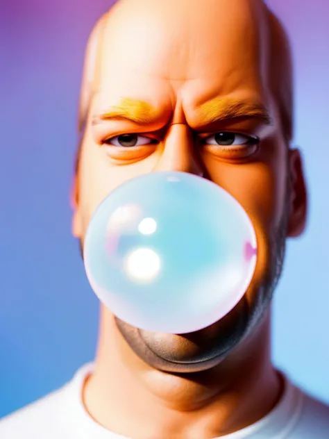 cartoon Homer Simpson blow Bubble Gum, looks at the camera, light background, bokeh, ornate background. <lora:Bubble Gum_v2.0:0.7>