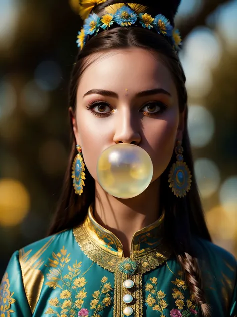 (80mm anamorphic lens flare:0,75), (artful bokeh depth of field:1.6), ((close up photorealistic portrait)), (person Ukrainian vyshyvanka outfit, walks proudly above the water surface:1.4), the mermaids with realistic hair, long braids), with delight face expressions looking at walking above the water surface in, (detailed professional photography:1.3), (dark shot:1.2),(cinematic scar on face:0.88), (realistic sweat skin:1.2), (tree on background:1.1), (bent in flowers scene:1.2), Slavic Ukrainian folklore composition, (sunflowers on background:0.81), (blue fur coat:0,88), (outfit yellow and blue color tone), (hdr:1.28), hyperdetailed, cinematic, accent warm light, cold background color tone, intricate details, hyperrealistic, (muted colors:1.38), (neutral colors:1.2), intricate, elegant, sharp focus, (Geof Darrow:1,2), soft lighting, vibrant colors, (high contrast), (masterpiece), (detailed face). blow bubble gum <lora:Bubble Gum_v2.0:0.7>