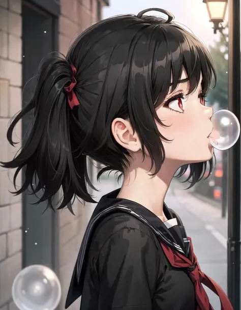 masterpiece, best quality, 1girl,solo, black hair, medium hair,red eyes, ,alley,school uniform,night, lamppost,against wall, from side, expressionless, blowing bubble gum, white bubble gum ,looking up, <lora:Bubble Gum:0.65>