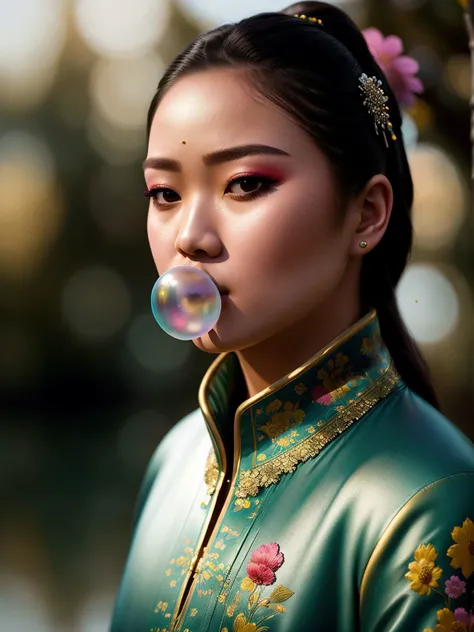 (80mm anamorphic lens flare:0,75), (artful bokeh depth of field:1.6), ((close up photorealistic portrait)), (person Korean clothing outfit, walks proudly above the water surface:1.4), the mermaids with realistic hair, long braids), with delight face expressions looking at walking above the water surface in, (detailed professional photography:1.3), (dark shot:1.2),(cinematic scar on face:0.88), (realistic sweat skin:1.2), (tree on background:1.1), (bent in flowers scene:1.2), Asian Korean folklore composition, (sunflowers on background:0.81), (blue fur coat:0,88), (outfit yellow and blue color tone), (hdr:1.28), hyperdetailed, cinematic, accent warm light, cold background color tone, intricate details, hyperrealistic, (muted colors:1.38), (neutral colors:1.2), intricate, elegant, sharp focus, (Geof Darrow:1,2), soft lighting, vibrant colors, (high contrast), (masterpiece), (detailed face). blow bubble gum <lora:Bubble Gum_v2.0:0.7>