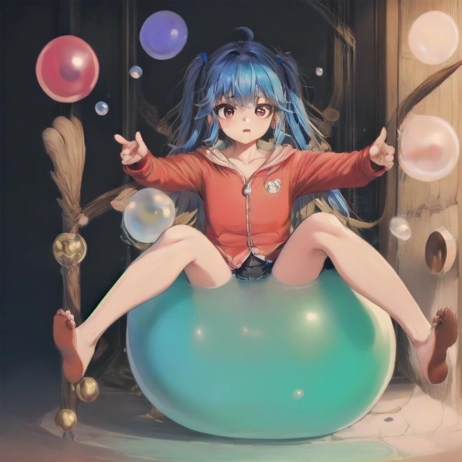 <lora:Bubble Gum:1> Inflated bubble gum, blow bubble, color bubble gum, <lora:wjqechidna:1> wjqechidna, , rickety warehouse with hamster, psychotic 1girl launching