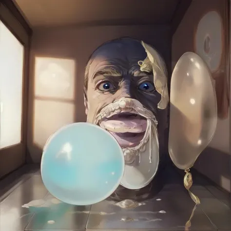 <lora:Bubble Gum:1> Inflated bubble gum, blow bubble, color bubble gum, deeply thoughtful dining room with reindeer, lyrical 1girl wading