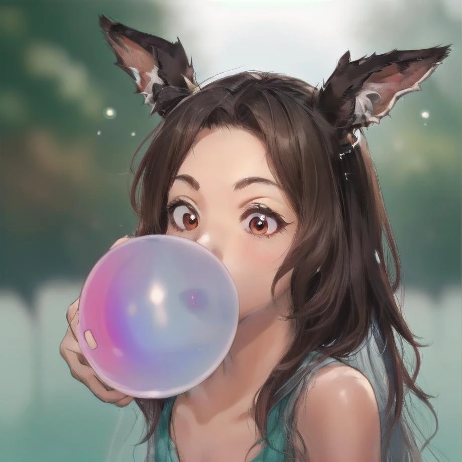 <lora:Bubble Gum:1> Inflated bubble gum, blow bubble, color bubble gum, cute 1girl coughing , deteriorating pool with moose,