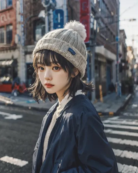 best quality, darkfeeling, 1girl, solo, short hair, grey hair, hat, jacket, outdoors, looking at viewer, blurry background, realistic, <lora:darkfeeling_v1:0.7>