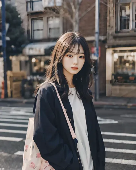 best quality, darkfeeling, 1girl, solo, long hair, shirt, black hair, jacket, outdoors, bag, looking at viewer, blurry background, realistic, <lora:darkfeeling_v1:0.7>