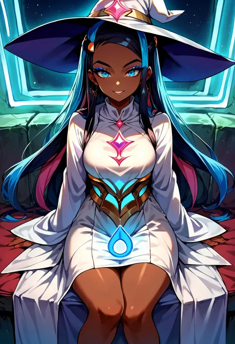score_9, score_8_up,score_7_up, source_anime, 1girl, solo, <lora:EPpkNessa-08:1>, EPpkNessa, blue eyes, black hair, blue hair, streaked hair, single hair bun, dark skin, dark-skinned female, glowing neon lights, sitting, armoured, witch hat, witch robe, eyeshadow, looking at viewer, smiling, pink glow, pink magical energy,