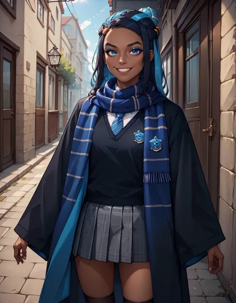 score_9, score_8_up, score_7_up, <lora:EPpkNessa:0.8> EPpkNessa,, blue eyes, black hair, blue hair, streaked hair, single hair bun, dark skin, dark-skinned female,, swimsuit, sportswear, blue eyeshadow, makeup, <lora:EPRobeRavenclaw:0.8> EPRobeRavenclaw, wearing EPRobeRavenclaw, blue necktie, striped necktie,, blue scarf, striped scarf, collared shirt, open robe, white shirt, emblem, grey skirt, black robe, wide sleeves, long sleeves, black sweater,, black pants, grey skirt, pleated skirt, plaid skirt, grey sweater, grey vest, black legwear, kneehighs, loafers, smiling, looking at viewer,