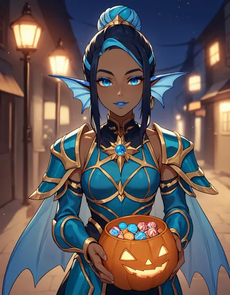 score_9, score_8_up, score_7_up, monstergirl, solo, <lora:EPpkNessa:0.5> EPpkNessa, blue eyes, black hair, blue hair, streaked hair, single hair bun, dark skin, dark-skinned female, cyan armour with gold trim, jewelry, holding Halloween bucket filled with candy, looking at viewer smiling, in street, night, moonlight, finned ears, blue fins, blue lips, blue eyeshadow,