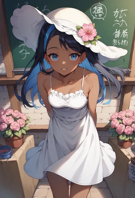 score_9, score_8_up, score_7_up, source_anime, 1girl, solo, looking at viewer, EPpkNessa, black hair, blue hair, streaked hair, dark skin, dark-skinned female, sundress, white dress, sleeveless dress, bare shoulders, sun hat, flower shop, outdoors, storefront, flower pot, potted plant, shelf, tulip, pink flower, arms behind back, leaning forward, blue eyes, spaghetti strap, wind, wind lift, chalkboard sign, smile, parted lips