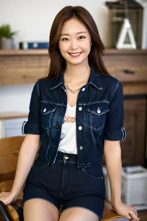 1girl, somin, somin\(runningman\), sitting, dress, cowboy shot , smile, denim shorts, white shirt,
looking at viewer, indoors,
masterpiece, high quality, highres, absurdres, realistic, photorealistic,
