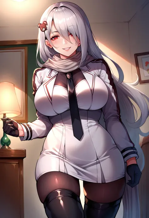 score_9,score_8_up,score_7_up BREAK 1girl,jelopkdef,solo,indoors,standing,grey hair,hair over one eye,bear hair ornament,red eyes,grey scarf,black necktie,bodystocking,cropped jacket,white jacket,short dress,white dress,black gloves,thighhighs,looking at viewer,seductive smile,<lora:PK-JeloXL-000009:1>,