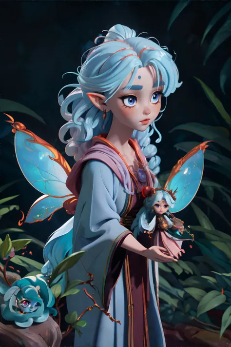 <lora:cutedolls:0.7>, fairy doll, wearing Mystic druid-inspired robes with nature-inspired motifs, (moonstone, flame, berry palette), masterpiece, 8k, high resolution, shallow depth of field, sharp focus