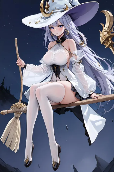 masterpiece, best quality, GishanV4, 1girl, solo, looking at viewer, thighhighs, hat, jewelry, sitting, full body, earrings, detached sleeves, white thighhighs, see-through, witch hat, white headwear, crescent, broom, witch, broom riding, see-through sleeves, crescent earrings, sidesaddle, <lora:GishanTstV4:0.8>
