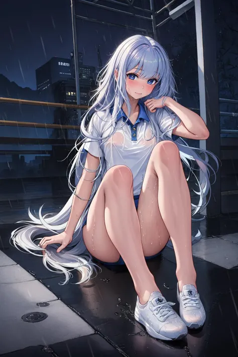 masterpiece, best quality, GishanV4, 1girl, solo, looking at viewer, blush, white hair, long hair, ((gym uniform)), city alley, sitting, night, rain, thunder, <lora:GishanTstV4:0.8>