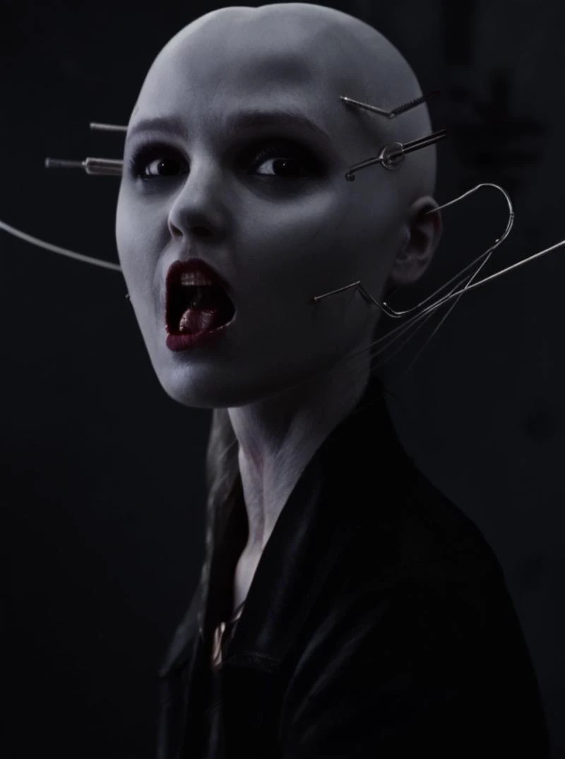 cenobyte, female, exposed brain, hooks in flesh, close-up,(stretched faces:1.2), <lora:Cenobytes-000013:1>, fog, silhouette, side lit, horror,  metal bits, complicated, bald, open mouth,