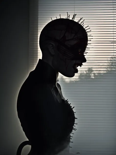 cenobyte, female, (exposed brain, hooks in flesh:1.0), wounds, gory, bones, close-up,(stretched skin:1.2), <lora:Cenobytes-000013:1>, fog, silhouette, side lit, horror, metal bits, complicated, bald, scream, mask, skin indentations, glowing windowblinds
