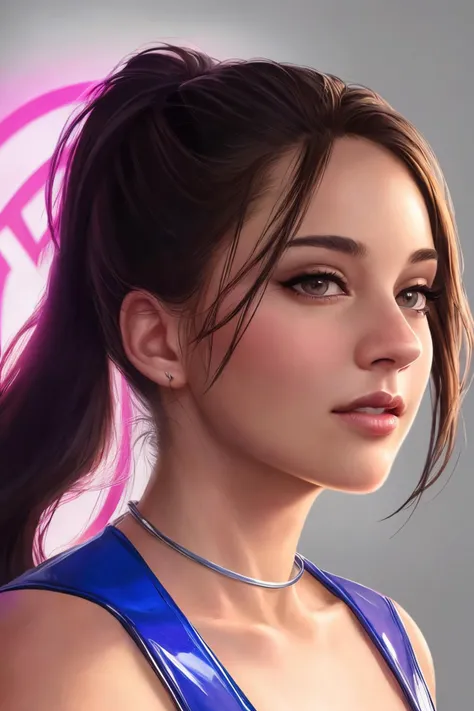 <fenn_shailene>, close up portrait of a woman, wearing sheer latex bodysuit, hair in a ponytail, highly detailed, photorealism, digital painting, artstation, concept art, sharp focus, illustration, best quality, 4k, art by artgerm and greg rutkowski and alphonse mucha, neon colors, backlit, rim light, synthwave