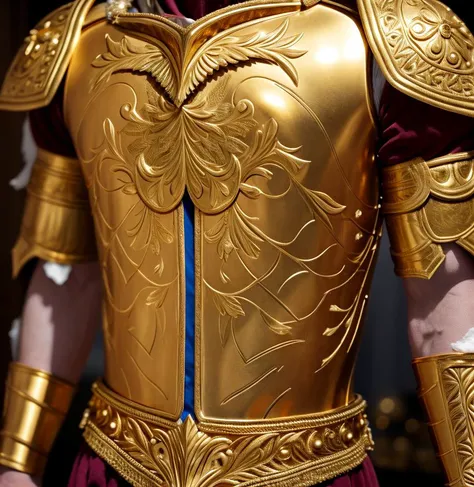 The chest plate is made of gleaming gold metal, intricately engraved with patterns and symbols that signify courage and power. It fits snugly against the warrior's torso, offering solid defense without restricting movement. The shoulder guards are also fashioned from gold, with ornate engravings that add a touch of elegance to the overall look.