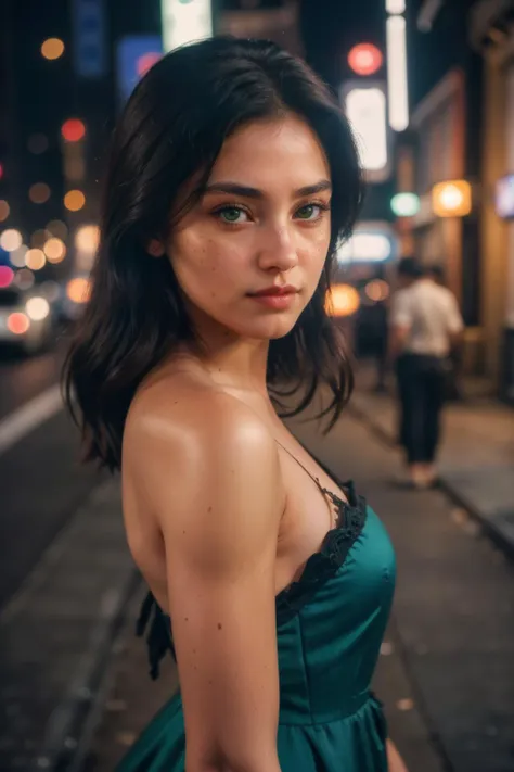 <lora:L1vvyLuv:0.85>,l1vvyluv,green eyes,woman wearing a black dress on a new york city sidewalk at night, Thorough,analog style,eye focus,highest quality,(highly detailed skin),perfect face,skin pores,(bokeh:0.6),sharp focus,dappled lighting,(backlighting:0.7),film grain,photographed on a Sony A7R IV,18mm F/1.7 cine lens,(highly detailed, intricately detailed),8k,HDR,front view,(upper body:0.9)