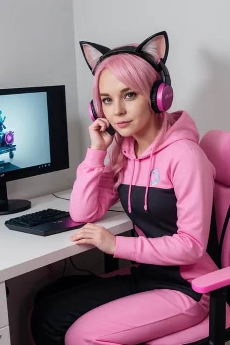 a 30 year old female gamer sits at her desk doing a twitch stream while playing a videogame,webcam pov,pink headphones with cat ears,pinnk jumpsuit,feminine bedroom,gaming chair,techie decor, Hyperrealistic art cinematic film still photography in the style of detailed hyperrealism photoshoot