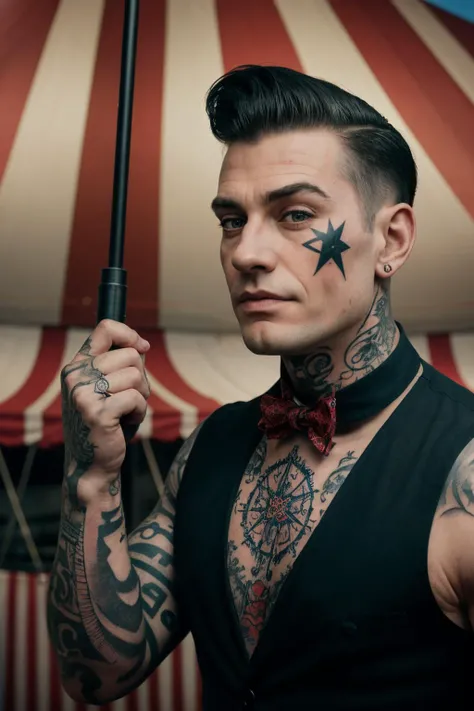 a heavily tattooed circus ringmaster stands inside the circus tent,engaging the viewer,close up,masterpiece photograph,sleeveless shirt, Hyperrealistic art cinematic film still photography in the style of detailed hyperrealism photoshoot, style by Dan Winters,RAW photography,film grain,(indistinguishable from reality:1.4),photo taken with a Bolex H16