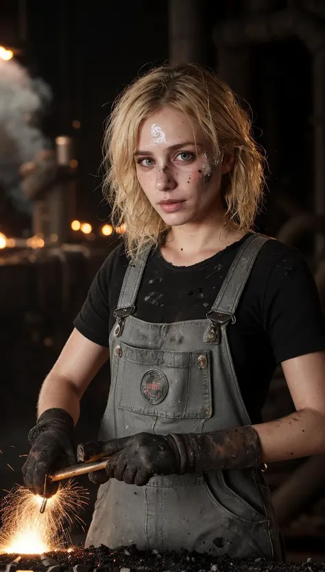 steel mill,sparks,molten steel being poured,steam,black smoke,smoke,volumetric,closeup portrait photo of woman,(blonde hair:1.4),freckles,large bosom,work overalls,dirty tshirt,worn-denim-overalls,gloves,(dirty skin:1.4),soot,gritty,28 years old,(soot on arms:1.4),(soot on face:1.4),messy hair,sparks from steel grinding machines,intricate detailed photo,fine details in every texture,add excessive details to the image consistent with the setting and environment,wet skins,sweat,wet hair,exhausted expression, Hyperrealistic art cinematic film still photography in the style of detailed hyperrealism photoshoot