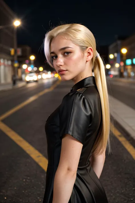 snapshot,D1vaLove,blonde,black  dress,on a street corner at night,ponytail, Thorough,analog style,female focus,highest quality,(highly detailed skin),perfect face,skin pores,(bokeh:0.6),sharp focus,dappled lighting,(backlighting:0.7),film grain,photographed on a Sony A7R IV,18mm F/1.7 cine lens,(highly detailed, intricately detailed),8k,HDR,front view,(full body visible:1.2)