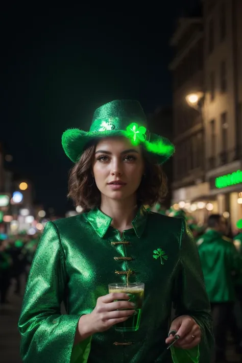 (4K, HDR), (photo-realistic), professional lighting, Landscape, persons, realistic texture, masterpiece, best quality, finely detailed, ((St. Patrick's Day festivities are covered in green costumes and green symbols)), (Compositionally impressive photo), <lora:add_detail:0.2><lora:more_details:0.2>