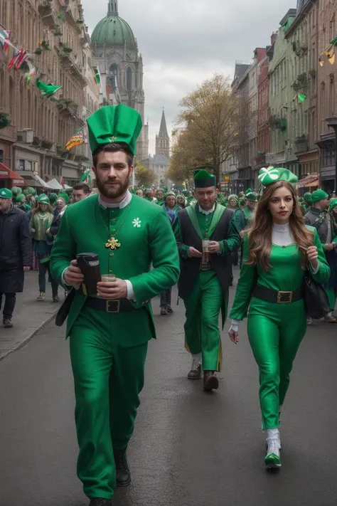 (4K, HDR), professional lighting, realistic texture, masterpiece, best quality, finely detailed, (Photos with landscapes and people), ((St. Patrick's Day festivities are covered in green costumes and green symbols)), (Compositionally impressive photo), <lora:add_detail:0.2><lora:more_details:0.2>