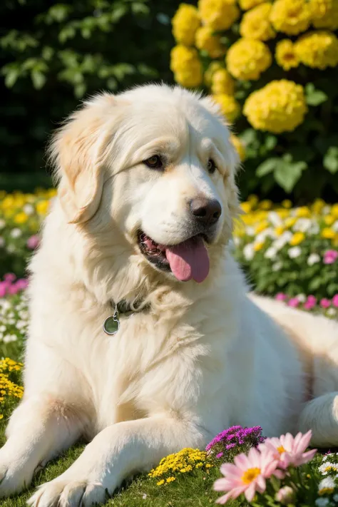 a majestic Great Pyrenees dog sitting in a bed of brightly colored flowers,close up,Hyperrealistic art cinematic film still photography in the style of detailed hyperrealism photoshoot,Nikon 350D,RAW photograph,Sony FE 85mm f/1. 4 GM,(indistinguishable from reality:1.4),film grain, Ultra-HD-details