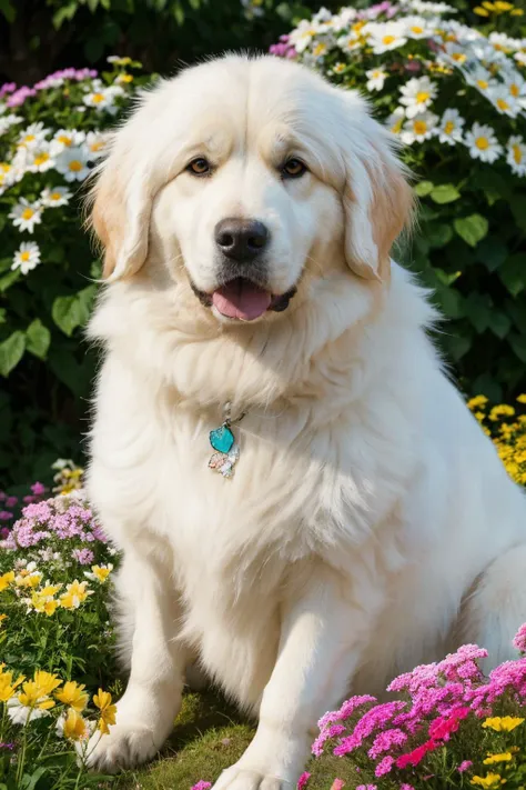 a majestic Great Pyrenees dog sitting in a bed of brightly colored flowers,butterfly on dogs nose,close up,Hyperrealistic art cinematic film still photography in the style of detailed hyperrealism photoshoot,Nikon 350D,RAW photograph,Sony FE 85mm f/1. 4 GM,(indistinguishable from reality:1.4),film grain, Ultra-HD-details