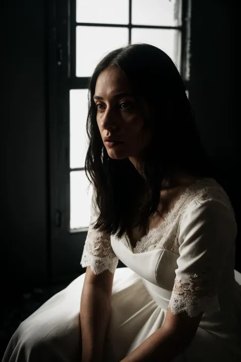 Horror-themed A woman sits in the corner of a large dark room,the only light is from the moonbeams coming through a framed window and the only thing illuminated is 50% of the woman and the floor,white dress,lace dress,long dress,tight dress,((closeup)),somber mood,dust particles in the air catch the light,high contrast,long shadows,deep darkness,murky,the room is rundown,room is grungy,graffiti on the walls,vandalized,Hyperrealistic art cinematic film still photography in the style of detailed hyperrealism photoshoot,Thorough,analog style,eye focus,highest quality,(highly detailed skin),perfect face,skin pores,(bokeh:0.6),sharp focus,dappled lighting,(backlighting:0.7),film grain,photographed on a Sony A7R IV,18mm F/1.7 cine lens,(highly detailed, intricately detailed),8k,HDR,front view,(upper body:0.9) . Eerie, unsettling, dark, spooky, suspenseful, grim, highly detailed