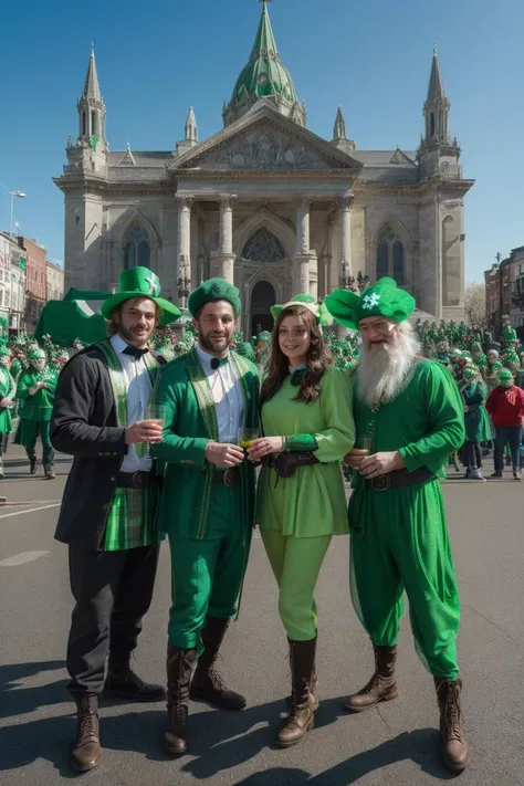 (4K, HDR), professional lighting, realistic texture, masterpiece, best quality, finely detailed, (Photos with landscapes and people), ((St. Patrick's Day festivities are covered in green costumes and green symbols)), (Compositionally impressive photo), <lora:add_detail:0.2><lora:more_details:0.2>