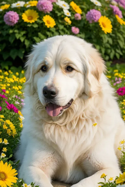 a majestic Great Pyrenees dog sitting in a bed of brightly colored flowers,close up,Hyperrealistic art cinematic film still photography in the style of detailed hyperrealism photoshoot,Nikon 350D,RAW photograph,Sony FE 85mm f/1. 4 GM,(indistinguishable from reality:1.4),film grain, Ultra-HD-details