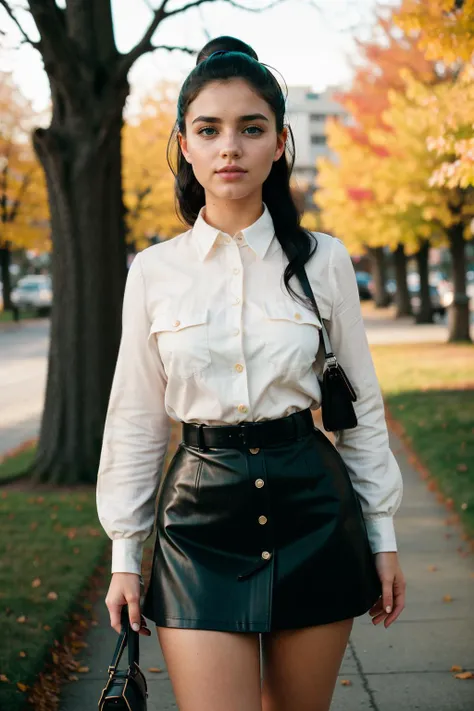 L1vvyLuvTI,green eyes,black hair,action shot,wearing leather miniskirt,white button up shirt,ponytail,in the park, style by Dan Winters,RAW photography,film grain,(indistinguishable from reality:1.4),photo taken with a Bolex H16